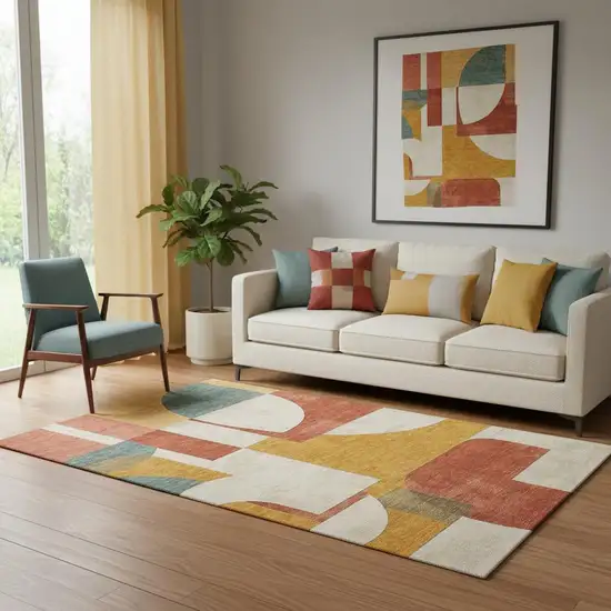 Coral Gold And Ivory Abstract Geometric Washable Area Rug With UV Protection Photo 2