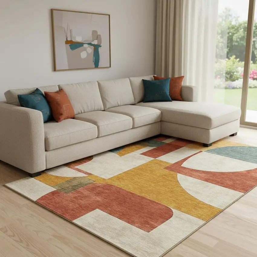 Coral Gold And Ivory Abstract Geometric Washable Area Rug With UV Protection Photo 2