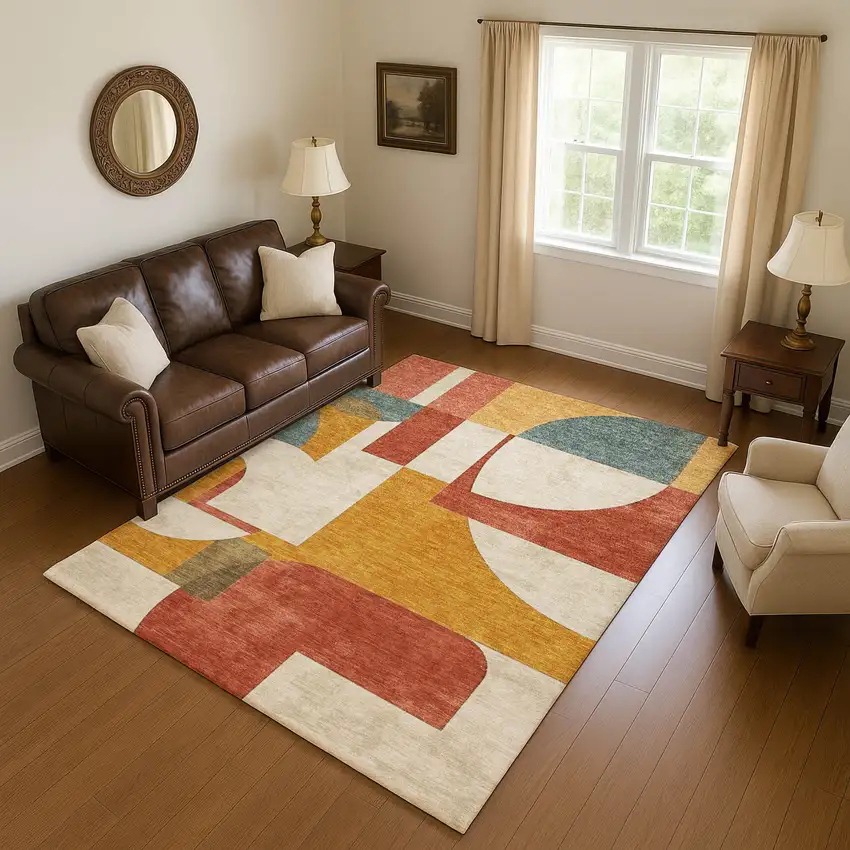 Coral Gold And Ivory Abstract Geometric Washable Area Rug With UV Protection Photo 5