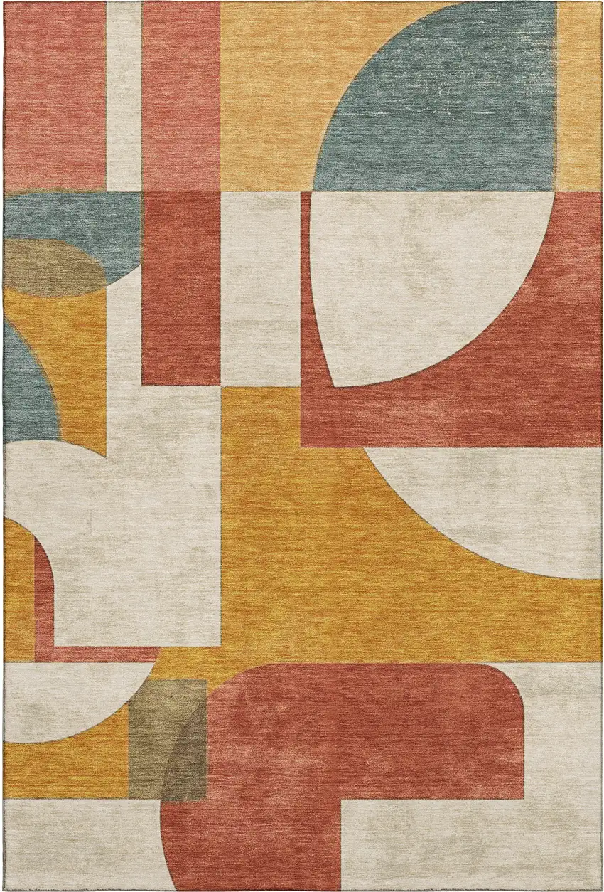 Coral Gold And Ivory Abstract Geometric Washable Area Rug With UV Protection Photo 1