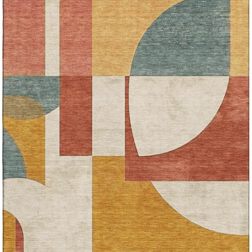 Coral Gold And Ivory Abstract Geometric Washable Area Rug With UV Protection Photo 3