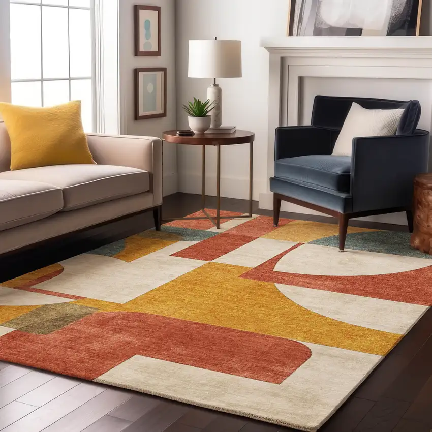 Coral Gold And Ivory Abstract Geometric Washable Area Rug With UV Protection Photo 5