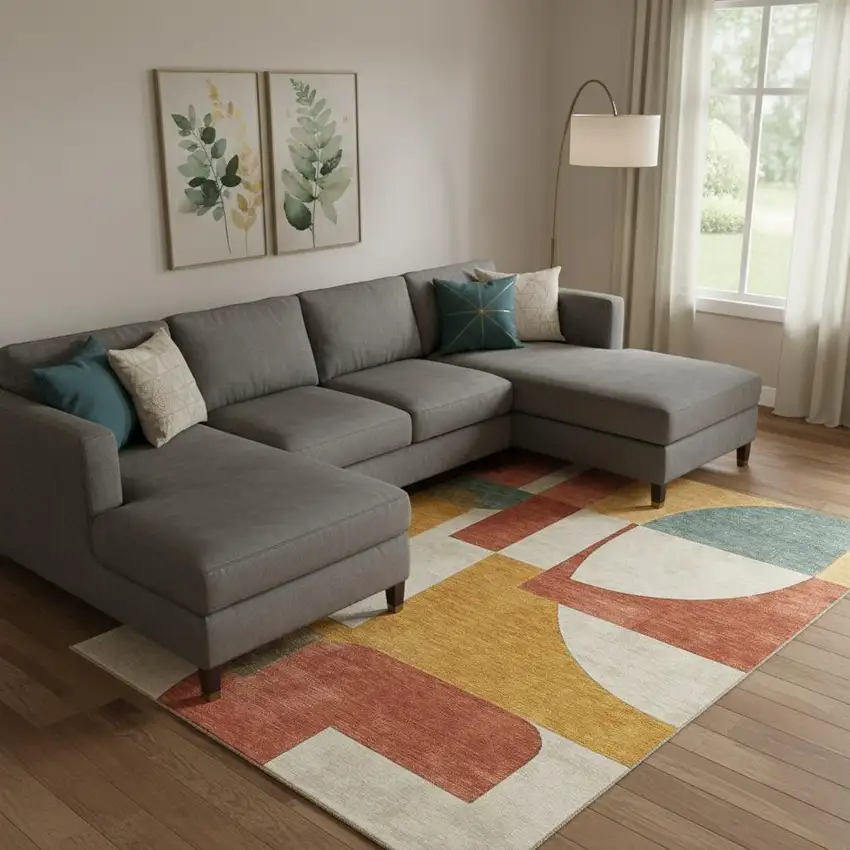 Coral Gold And Ivory Abstract Geometric Washable Area Rug With UV Protection Photo 2