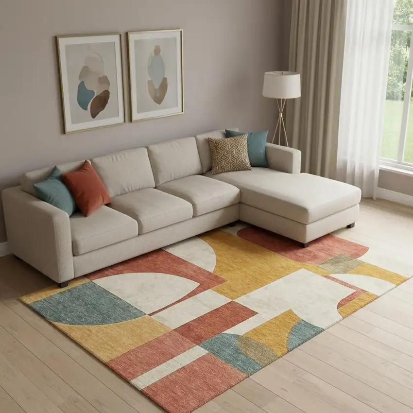 Coral Gold And Ivory Abstract Geometric Washable Area Rug With UV Protection Photo 2