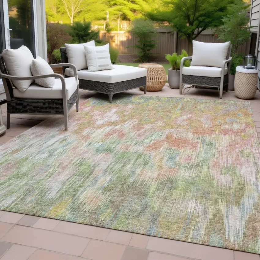 Coral Gold And Ivory Abstract Washable Indoor Outdoor Area Rug Photo 9