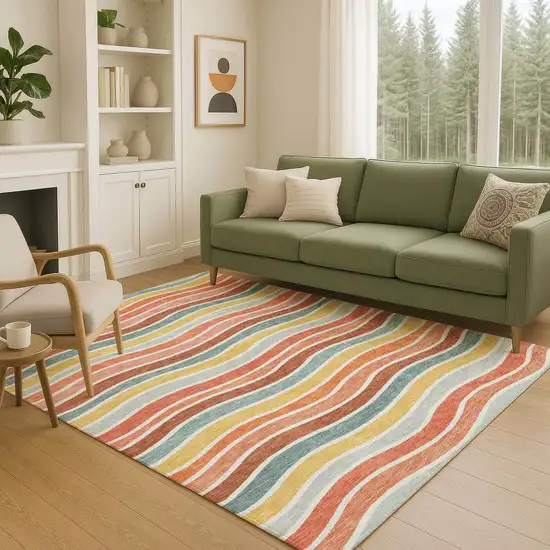 Coral Gold And Peach Striped Washable Indoor Outdoor Area Rug Photo 9