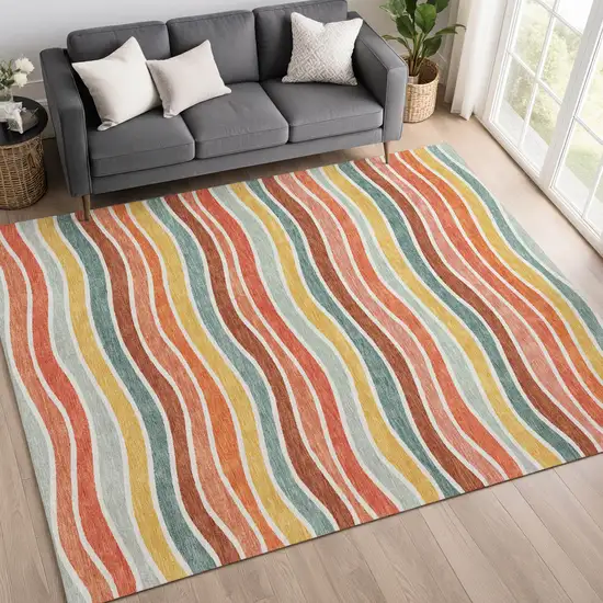 Coral Gold And Peach Striped Washable Indoor Outdoor Area Rug Photo 9