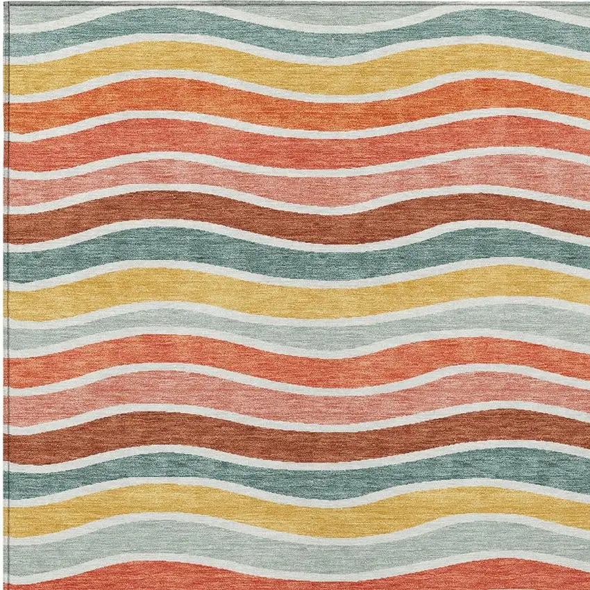 Coral Gold And Peach Striped Washable Indoor Outdoor Area Rug Photo 7