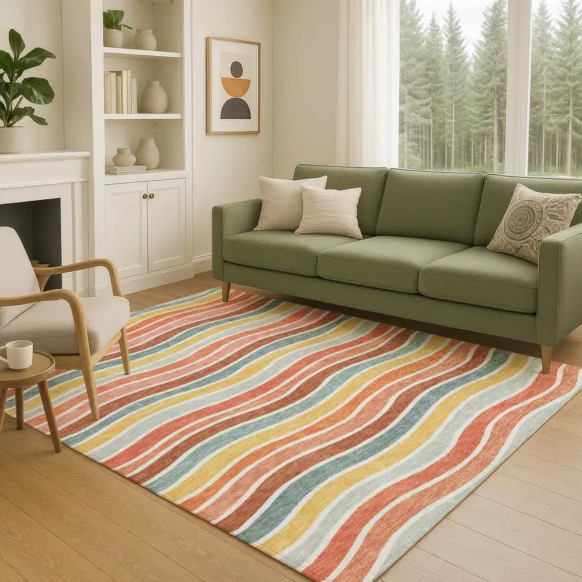 Coral Gold And Peach Striped Washable Indoor Outdoor Area Rug Photo 9