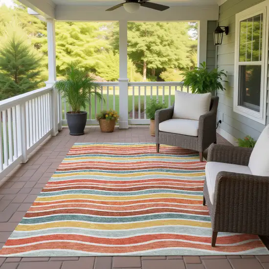 Coral Gold And Peach Striped Washable Indoor Outdoor Area Rug Photo 9