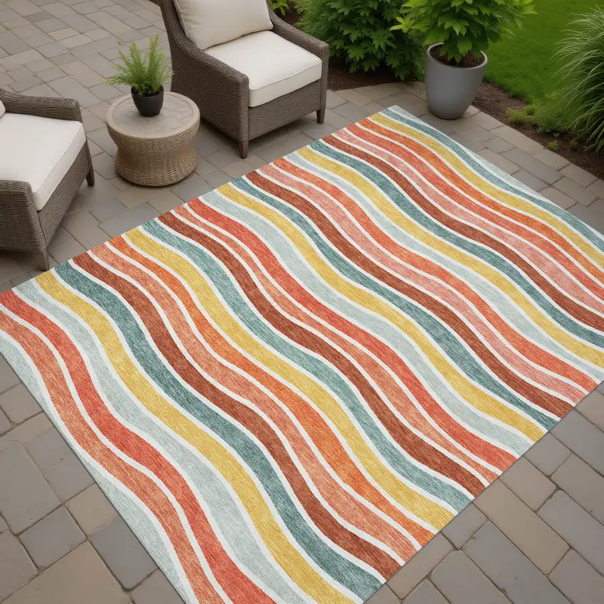 Coral Gold And Peach Striped Washable Indoor Outdoor Area Rug Photo 7