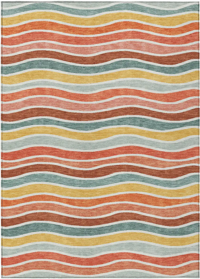 Coral Gold And Peach Striped Washable Indoor Outdoor Area Rug Photo 2