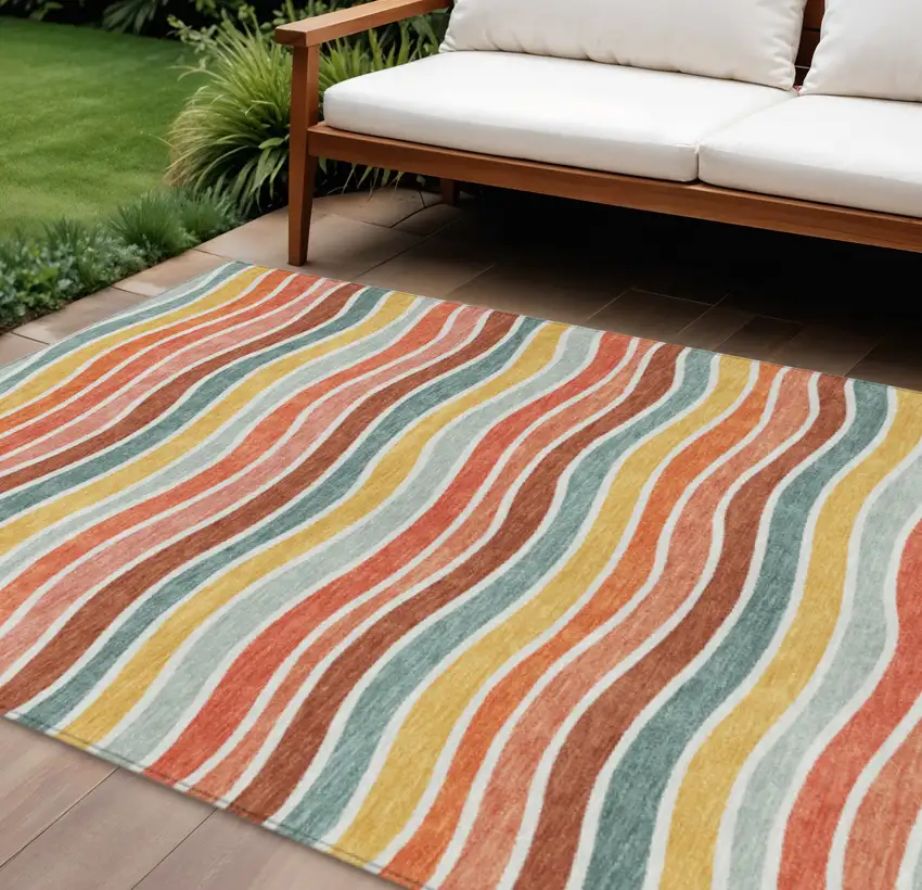 Coral Gold And Peach Striped Washable Indoor Outdoor Area Rug Photo 1
