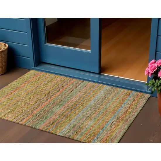 Coral Gold And Teal Blue Striped Washable Indoor Outdoor Area Rug Photo 2