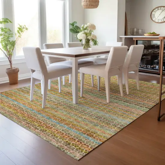 Coral Gold And Teal Blue Striped Washable Indoor Outdoor Area Rug Photo 6