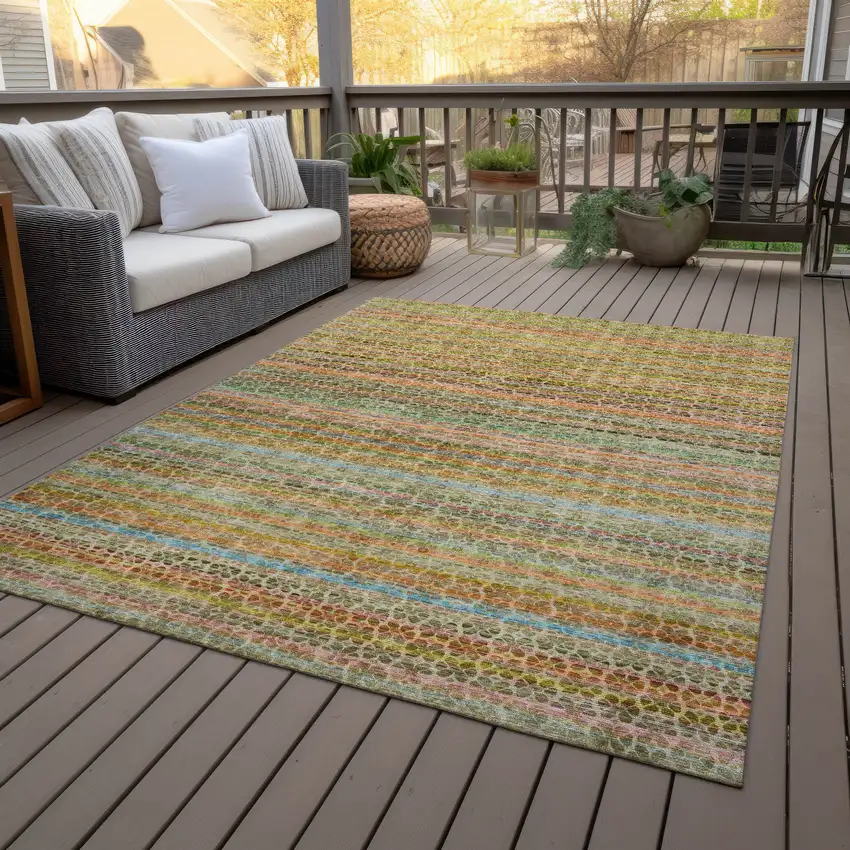 Coral Gold And Teal Blue Striped Washable Indoor Outdoor Area Rug Photo 8