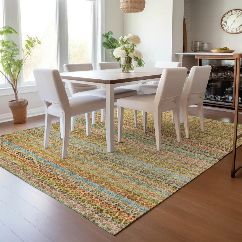 Coral Gold And Teal Blue Striped Washable Indoor Outdoor Area Rug Photo 6