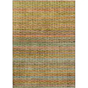 Photo of Coral Gold And Teal Blue Striped Washable Indoor Outdoor Area Rug