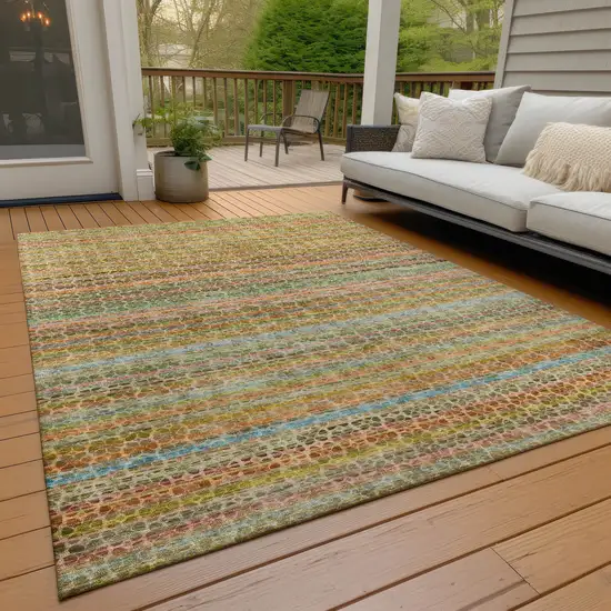 Coral Gold And Teal Blue Striped Washable Indoor Outdoor Area Rug Photo 5