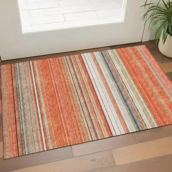 Coral Gray And Beige Striped Washable Area Rug With UV Protection Photo 1