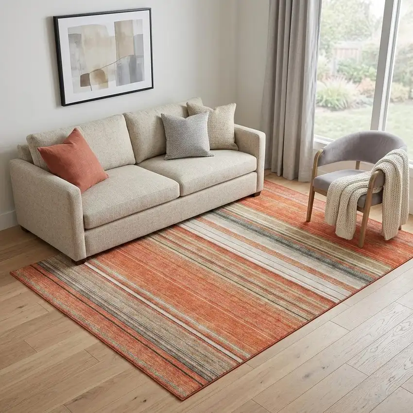 Coral Gray And Beige Striped Washable Area Rug With UV Protection Photo 1
