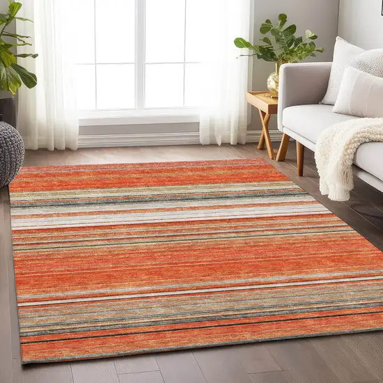 Coral Gray And Beige Striped Washable Area Rug With UV Protection Photo 3