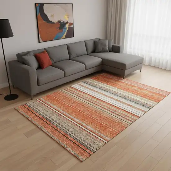 Coral Gray And Beige Striped Washable Area Rug With UV Protection Photo 2