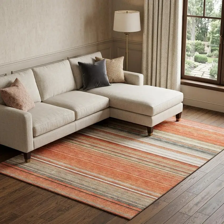 Coral Gray And Beige Striped Washable Area Rug With UV Protection Photo 1