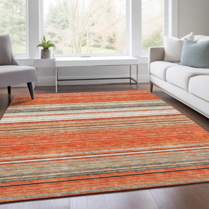 Coral Gray And Beige Striped Washable Area Rug With UV Protection Photo 5