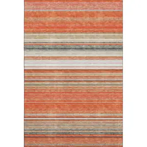 Photo of Coral Gray And Beige Striped Washable Area Rug With UV Protection