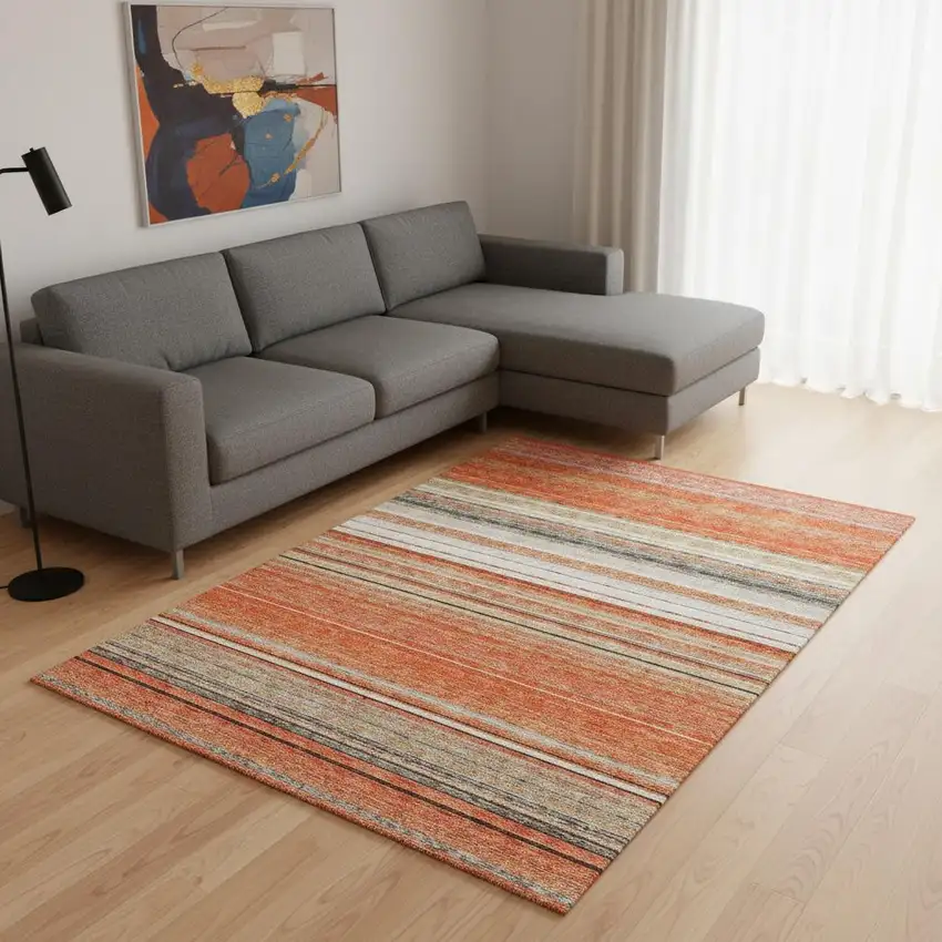 Coral Gray And Beige Striped Washable Area Rug With UV Protection Photo 2