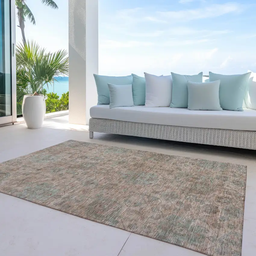 Coral Gray And Brown Damask Washable Indoor Outdoor Area Rug Photo 6