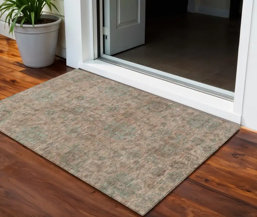 Coral Gray And Brown Damask Washable Indoor Outdoor Area Rug Photo 1