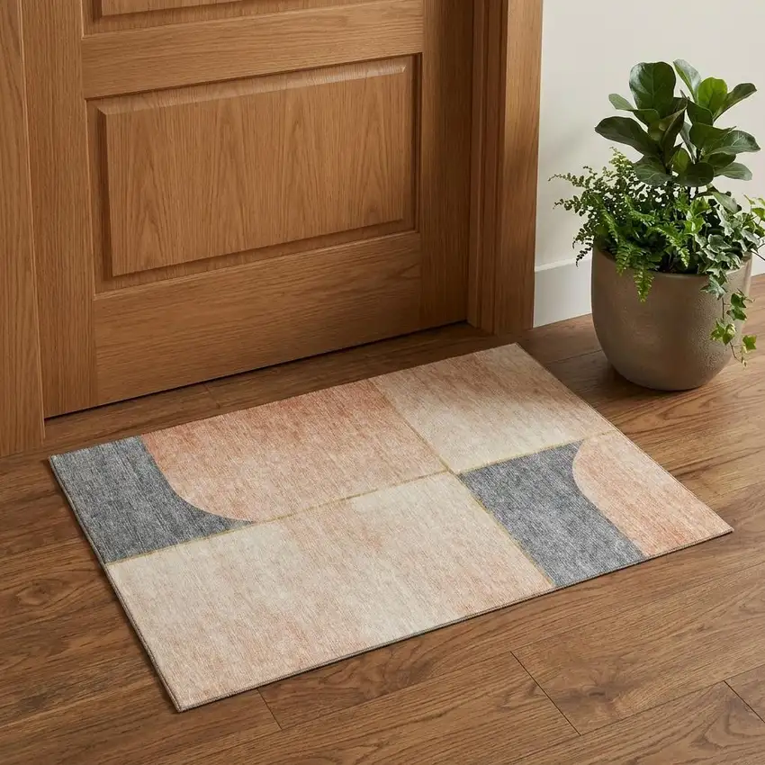Coral Gray And Gold Geometric Washable Area Rug With UV Protection Photo 1