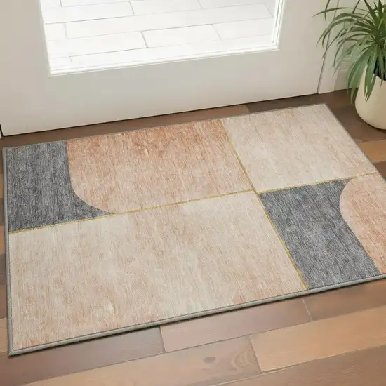 Coral Gray And Gold Geometric Washable Area Rug With UV Protection Photo 2
