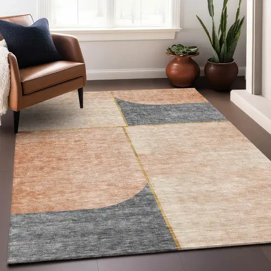 Coral Gray And Gold Geometric Washable Area Rug With UV Protection Photo 5