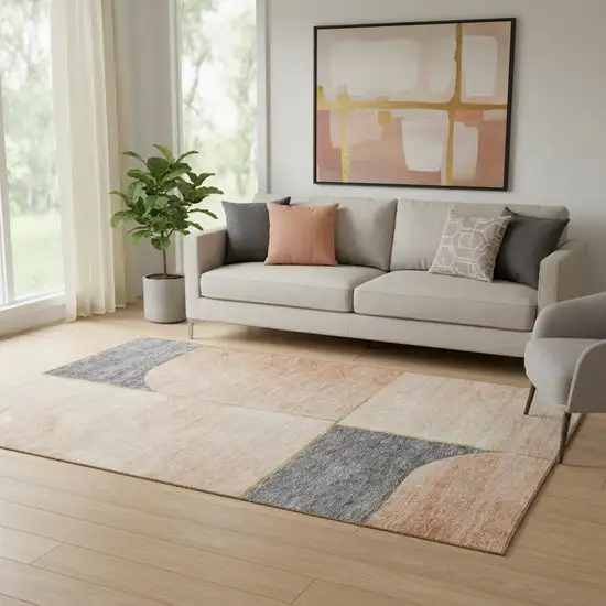 Coral Gray And Gold Geometric Washable Area Rug With UV Protection Photo 1