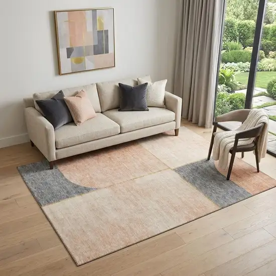 Coral Gray And Gold Geometric Washable Area Rug With UV Protection Photo 1