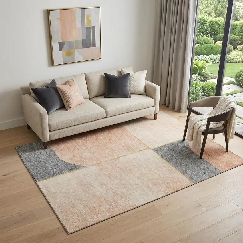 Coral Gray And Gold Geometric Washable Area Rug With UV Protection Photo 1