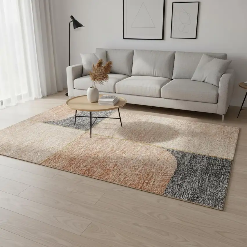 Coral Gray And Gold Geometric Washable Area Rug With UV Protection Photo 1