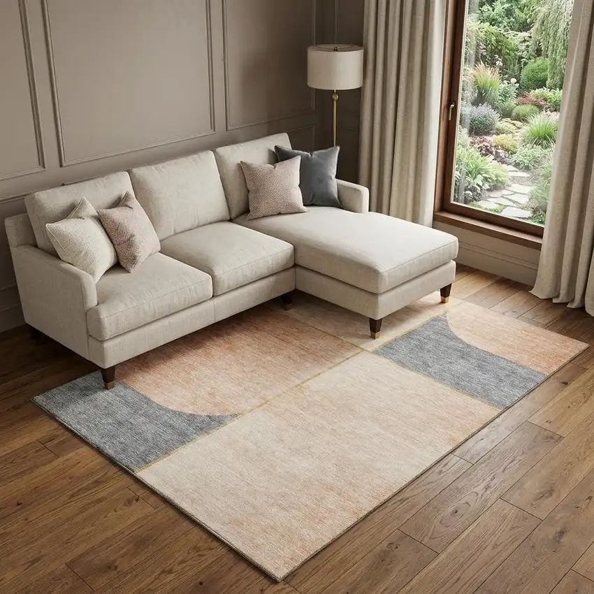 Coral Gray And Gold Geometric Washable Area Rug With UV Protection Photo 1
