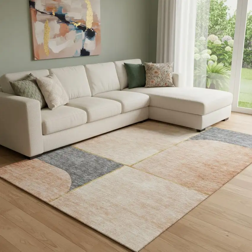 Coral Gray And Gold Geometric Washable Area Rug With UV Protection Photo 1