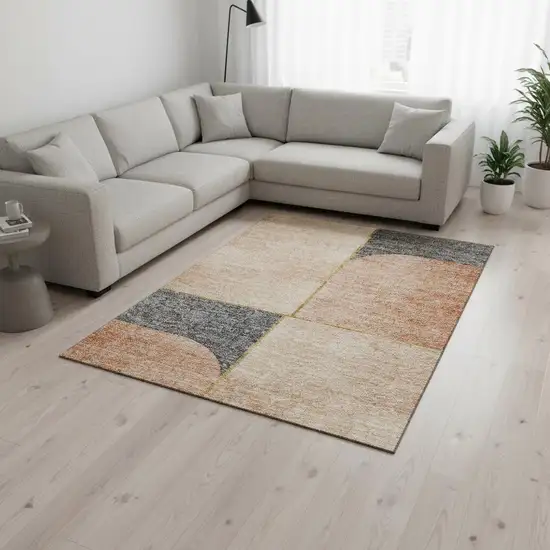 Coral Gray And Gold Geometric Washable Area Rug With UV Protection Photo 1