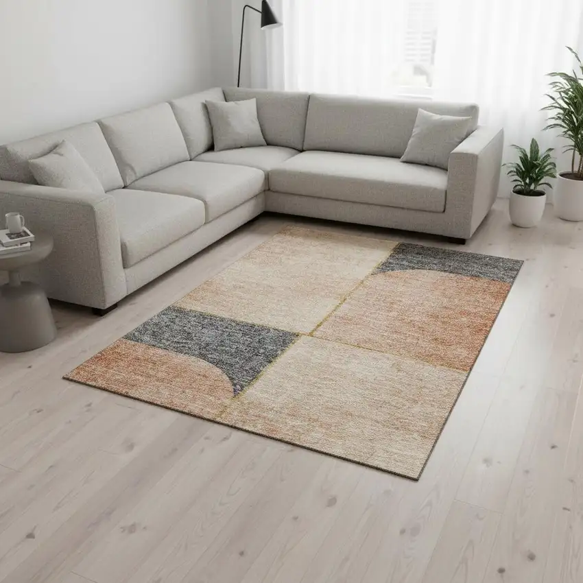 Coral Gray And Gold Geometric Washable Area Rug With UV Protection Photo 1