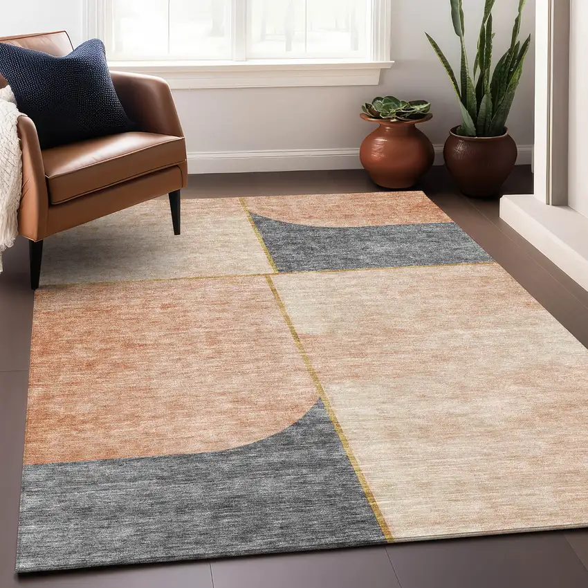 Coral Gray And Gold Geometric Washable Area Rug With UV Protection Photo 4
