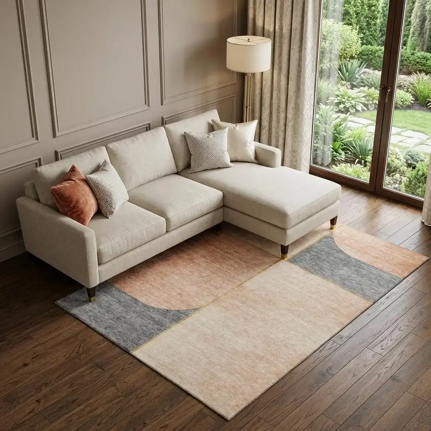 Coral Gray And Gold Geometric Washable Area Rug With UV Protection Photo 1