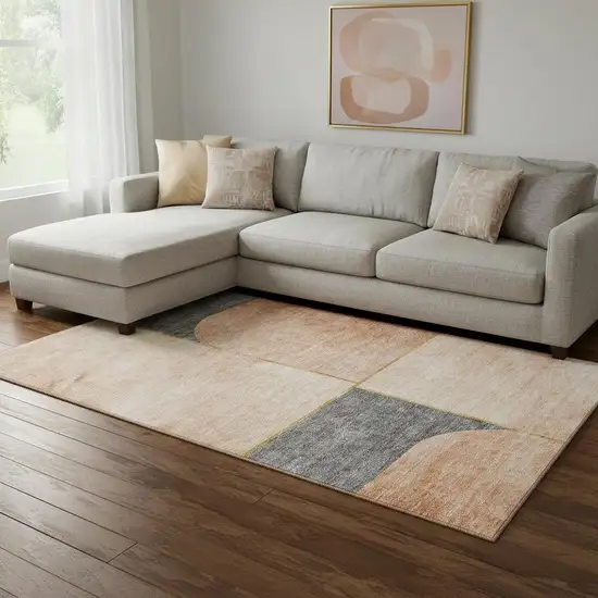 Coral Gray And Gold Geometric Washable Area Rug With UV Protection Photo 1