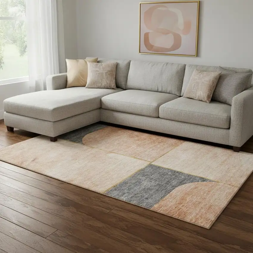 Coral Gray And Gold Geometric Washable Area Rug With UV Protection Photo 1