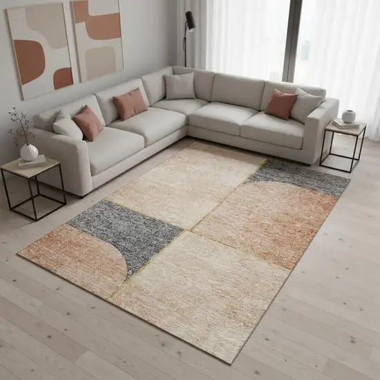 Coral Gray And Gold Geometric Washable Area Rug With UV Protection Photo 1