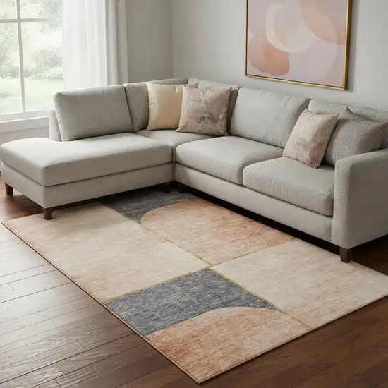 Coral Gray And Gold Geometric Washable Area Rug With UV Protection Photo 1